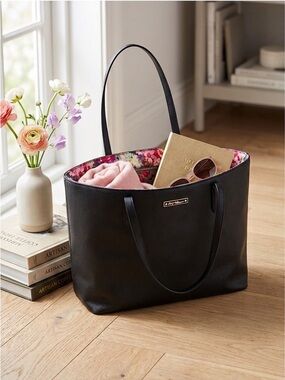 Betsey Johnson Black Faux Leather Tote  Purse Bag with Floral Pink Lining